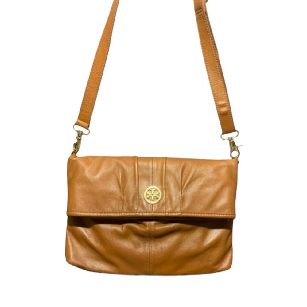 TORY BURCH Leather Convertible 2-Way Crossbody & Clutch in Cognac + TB Dust Bag.